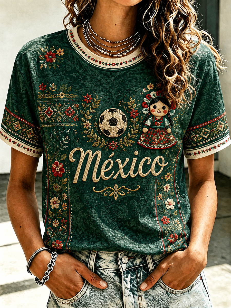 Camiseta de manga corta con estampado artístico para amantes del fútbol mexicano, diseño para mujer