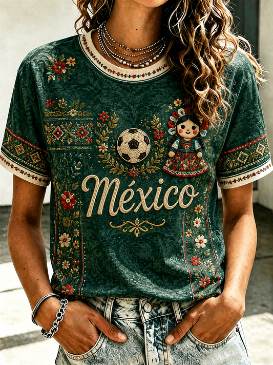 Camiseta de manga corta con estampado artístico para amantes del fútbol mexicano, diseño para mujer