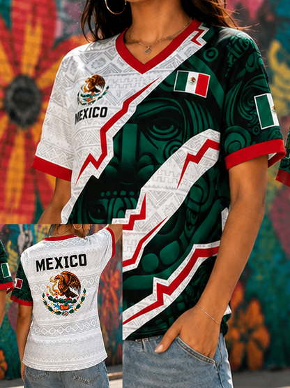 Camiseta de manga corta con estampado artístico para amantes del fútbol mexicano, diseño para mujer