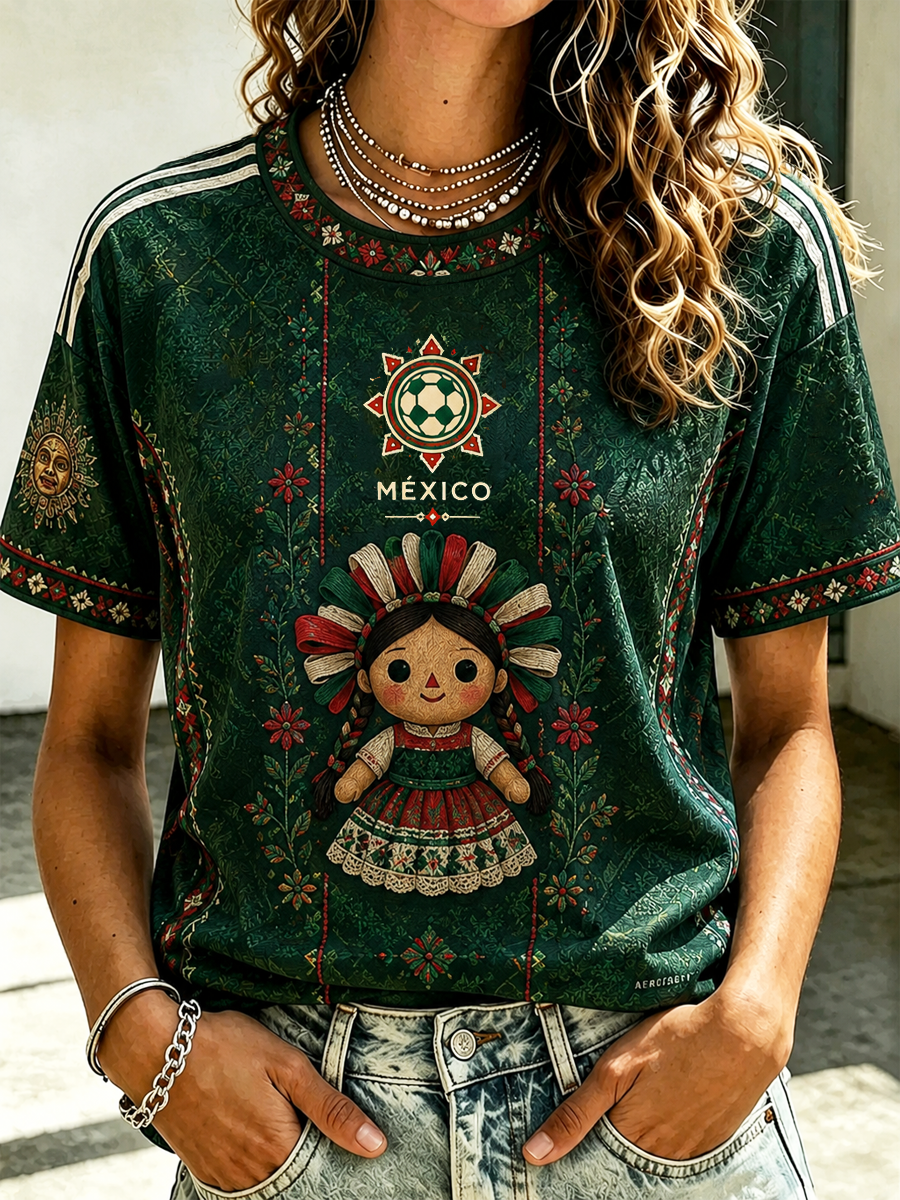 Camiseta de manga corta con estampado artístico para amantes del fútbol mexicano, diseño para mujer