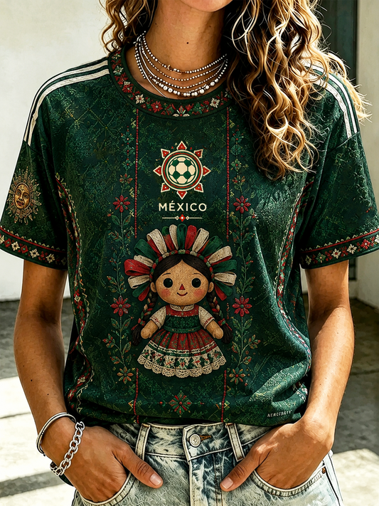 Camiseta de manga corta con estampado artístico para amantes del fútbol mexicano, diseño para mujer