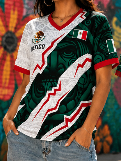 Camiseta de manga corta con estampado artístico para amantes del fútbol mexicano, diseño para mujer