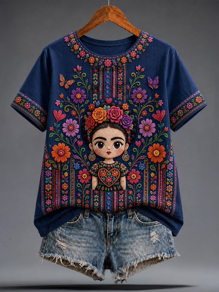 Camiseta estampada con arte de la muñeca Lele mexicana Guelaguetza para mujer
