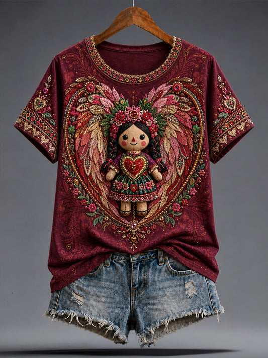 Camiseta estampada con arte de la muñeca Lele mexicana Guelaguetza para mujer