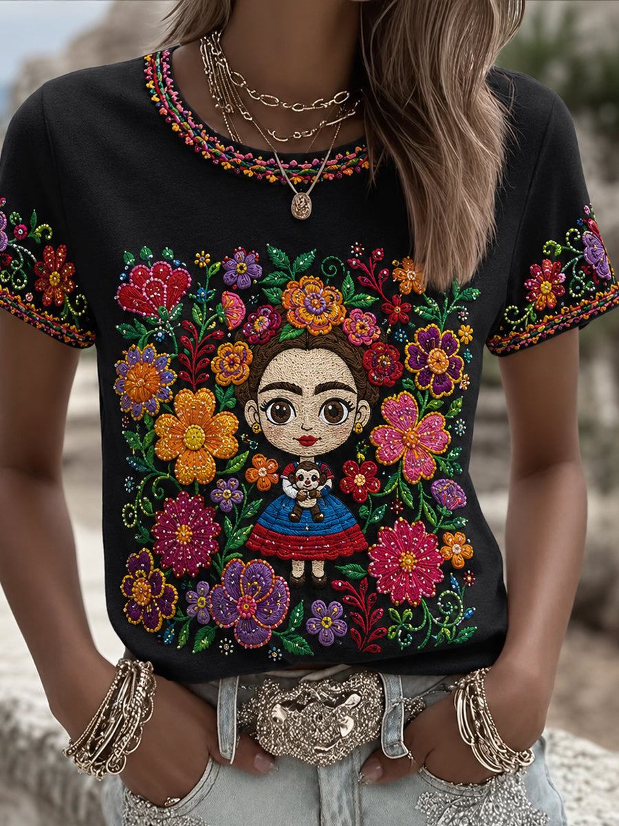 Camiseta estampada con arte de la muñeca Lele mexicana Guelaguetza para mujer