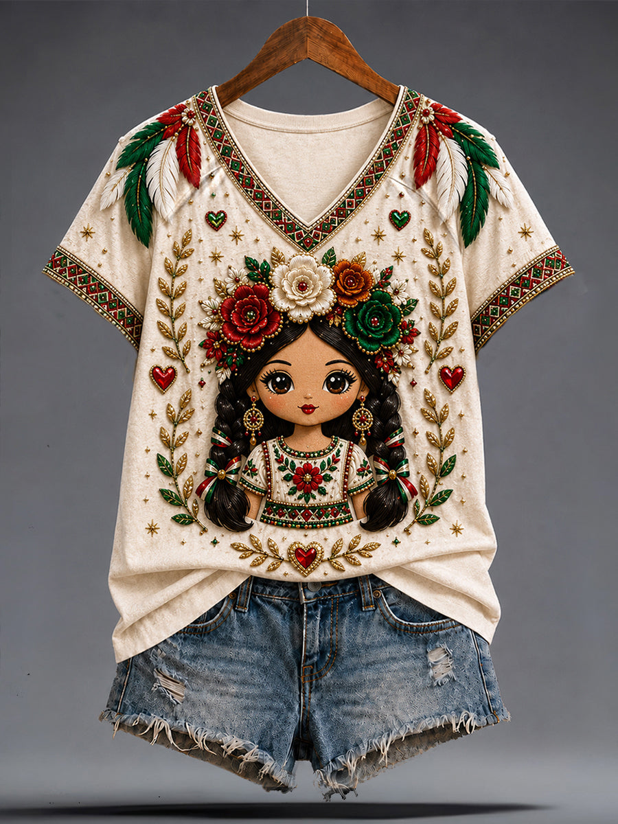Camiseta estampada con arte de la muñeca Lele mexicana Guelaguetza para mujer