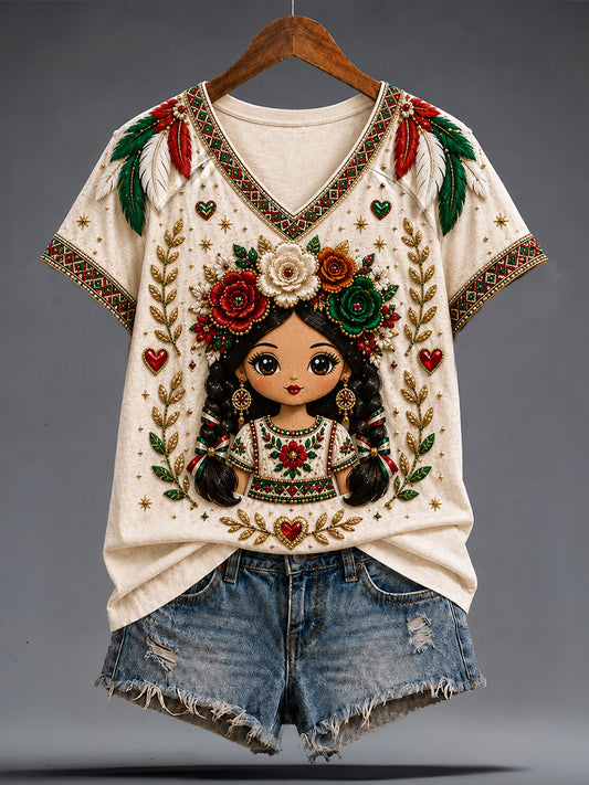 Camiseta estampada con arte de la muñeca Lele mexicana Guelaguetza para mujer