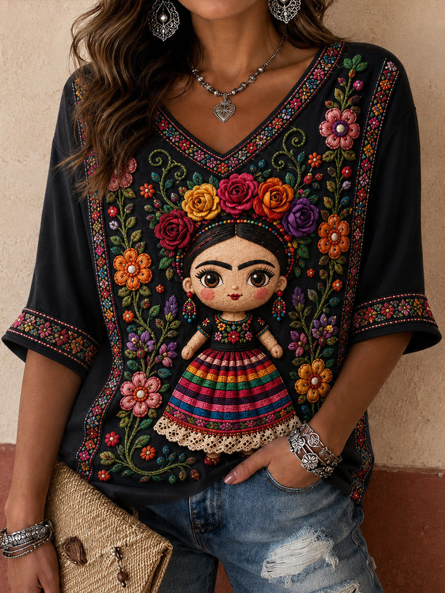 Camisetas estampadas con arte de la muñeca Lele de la Guelaguetza mexicana para mujer