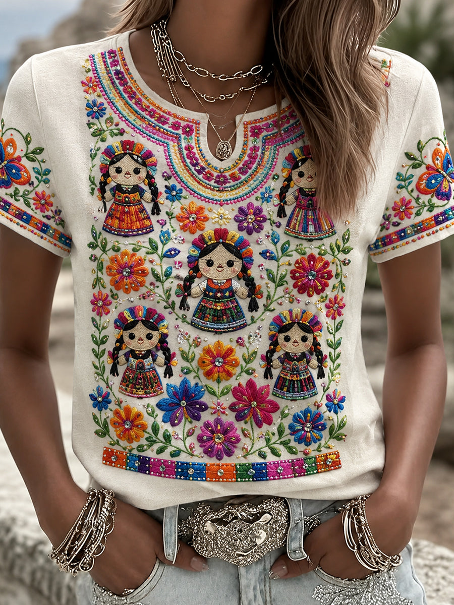 Camiseta de lino estampada con arte de muñeca Lele mexicana para mujer, Guelaguetza