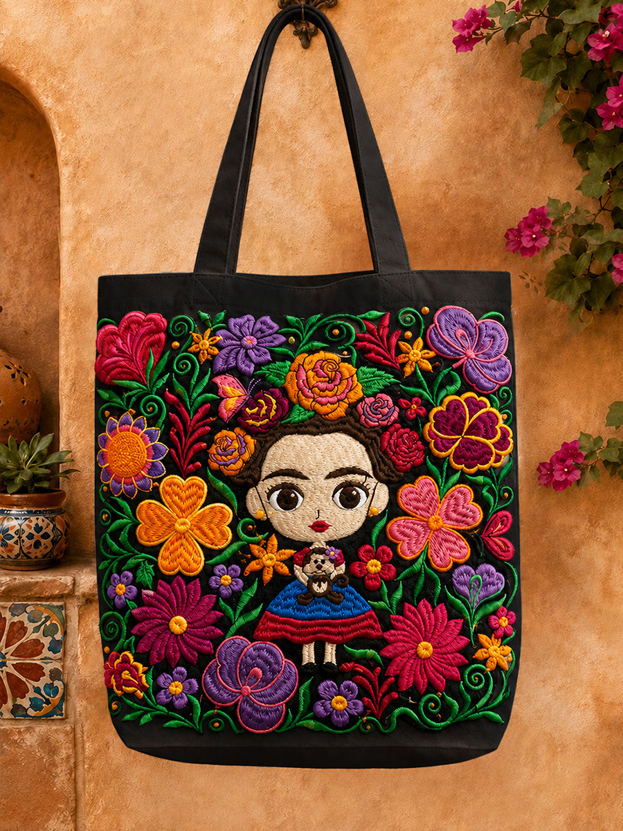 Bolso de lona estampado con arte de muñeca Lele de la Guelaguetza de México
