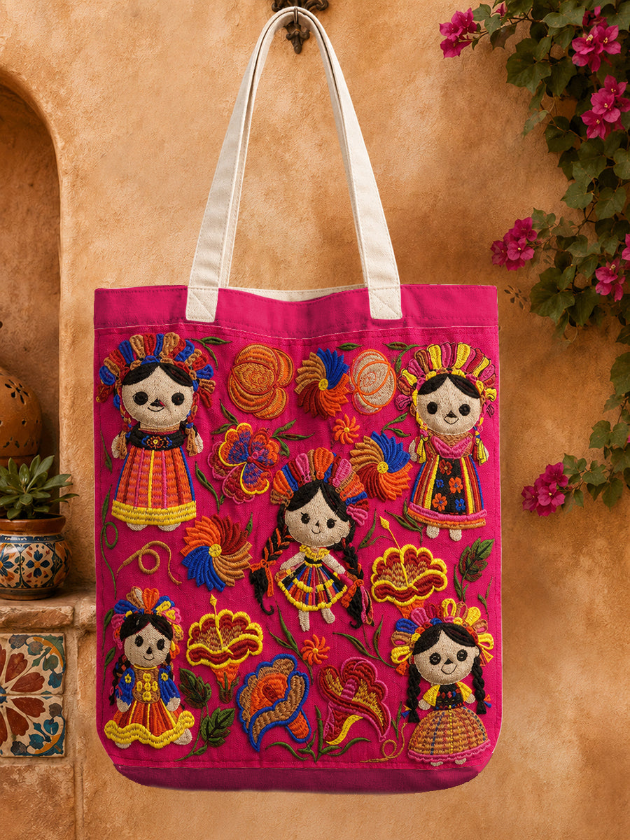 Bolso de lona estampado con arte de muñeca Lele de la Guelaguetza de México