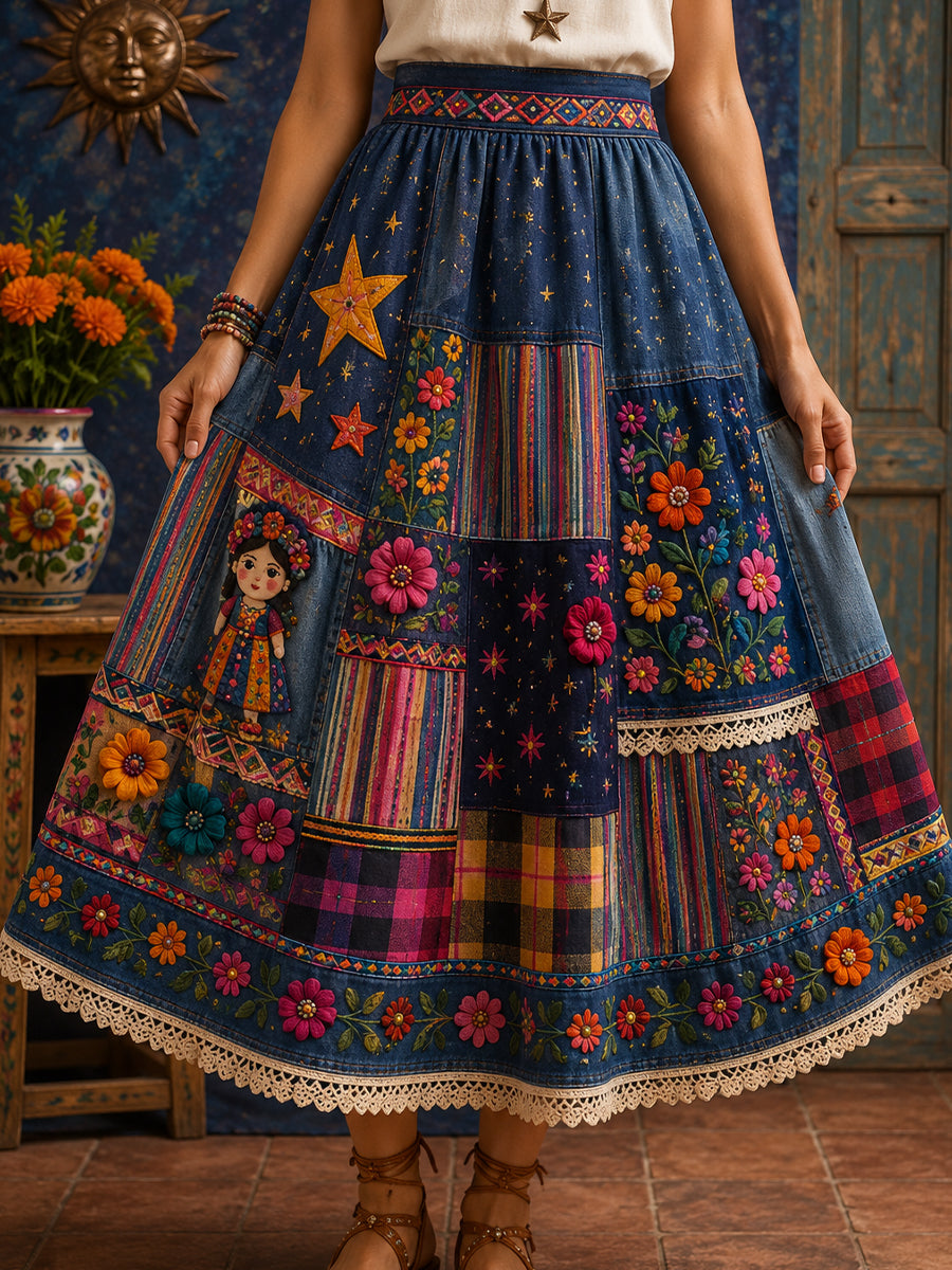 Falda midi con estampado artístico conmemorativo del Día de la Gala Mexicana Femenina Gaelagacha