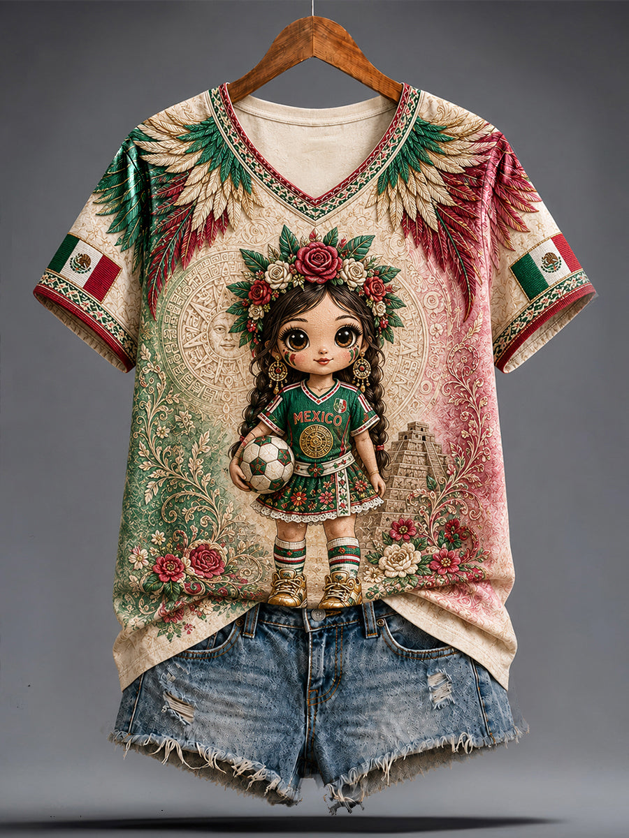Camiseta con estampado artístico de muñeca Lele, amante del fútbol mexicano, para mujer