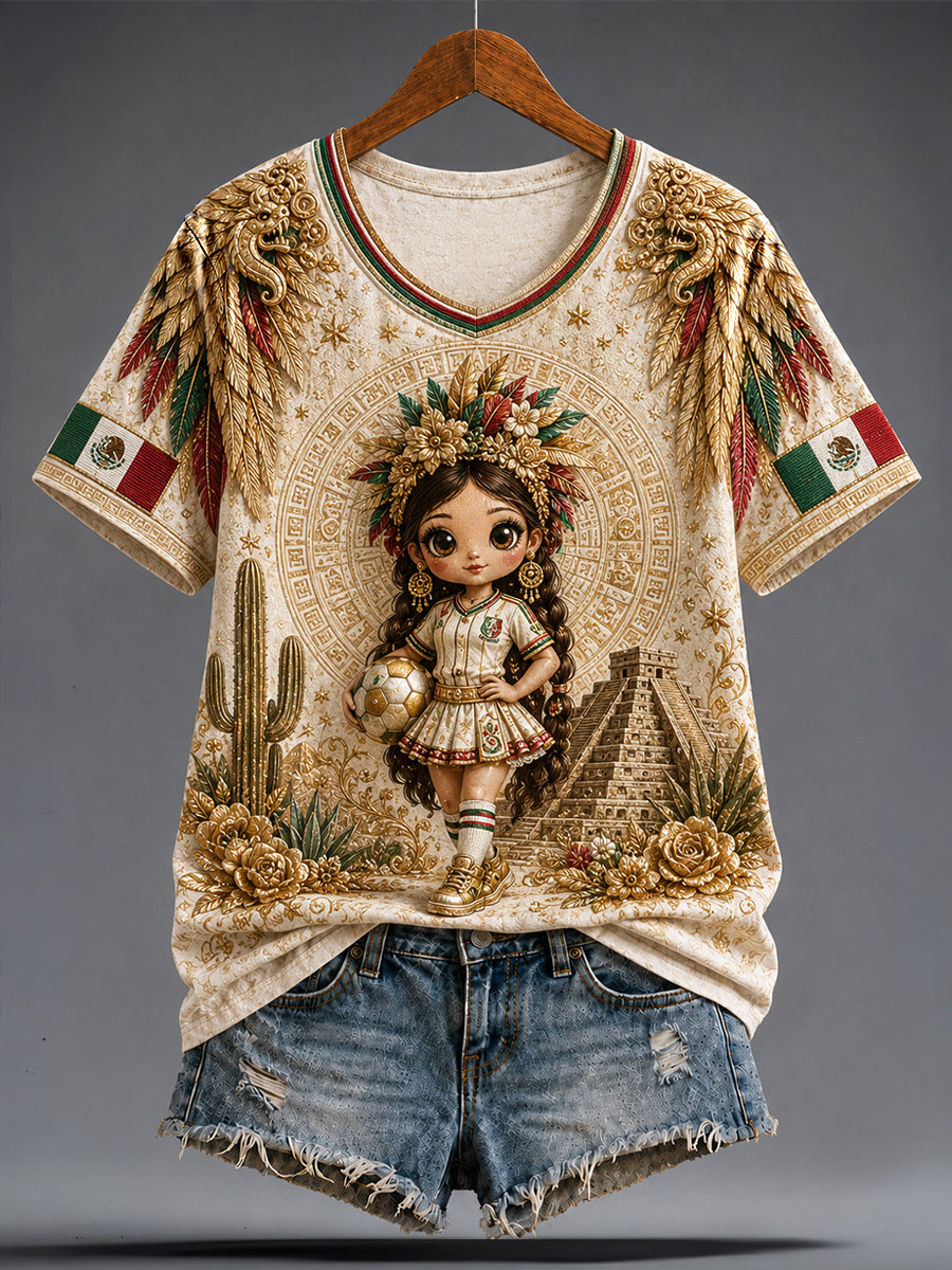 Camiseta con estampado artístico de muñeca Lele, amante del fútbol mexicano, para mujer