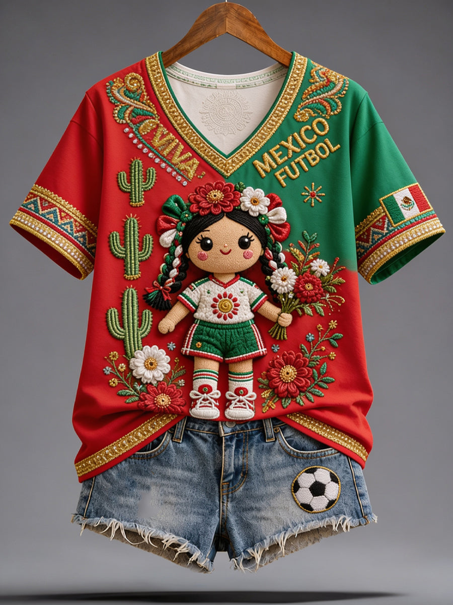 Camiseta informal con estampado para aficionadas al fútbol mexicano