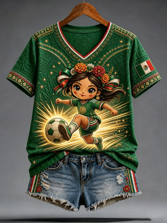 Camiseta informal con estampado para aficionadas al fútbol mexicano