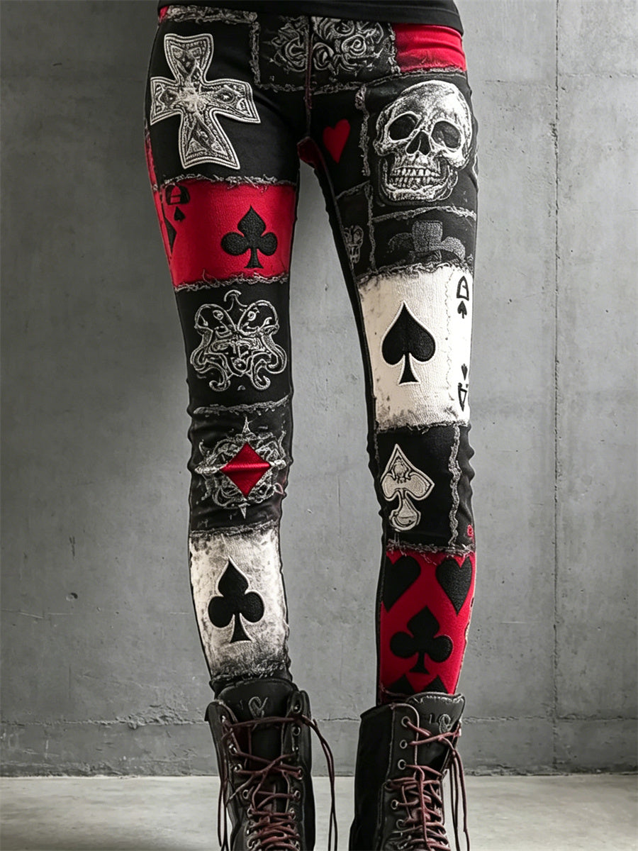 Mujer Rock Style Skull & Cross Pokers Colorblock Print Leggings