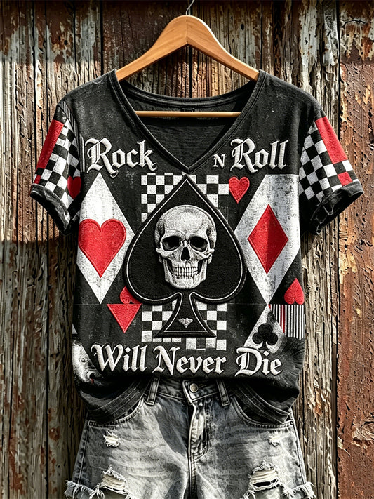 Camiseta de manga corta con estampado en bloques de color y diseño de calavera: el rock and roll femenino nunca morirá