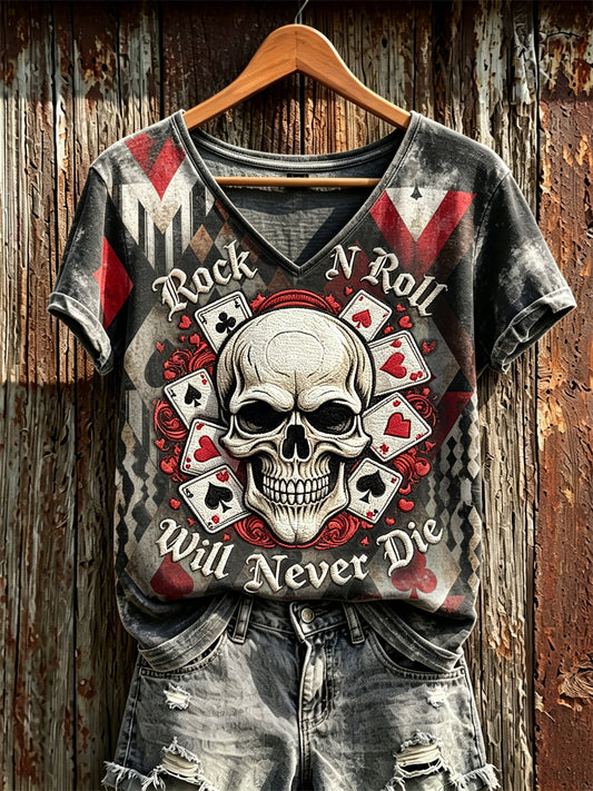 Camiseta de manga corta con estampado en bloques de color y diseño de calavera: el rock and roll femenino nunca morirá