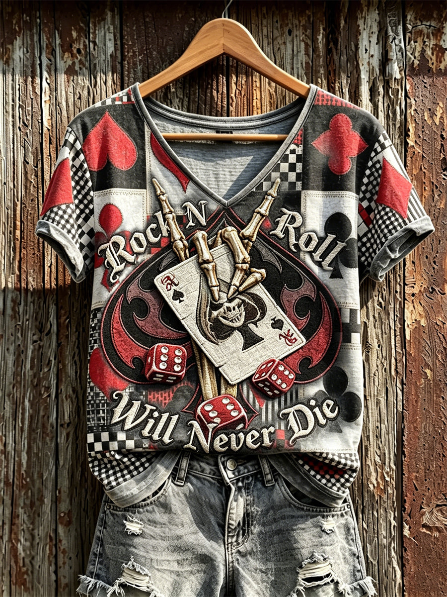 Rock N Roll Will Never Die Skeleton Pokers Colorblock Print camiseta de manga corta para mujer