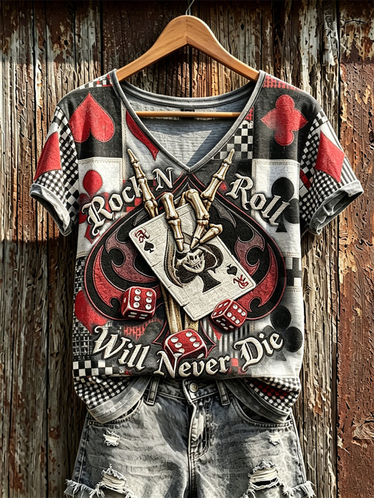 Rock N Roll Will Never Die Skeleton Pokers Colorblock Print camiseta de manga corta para mujer