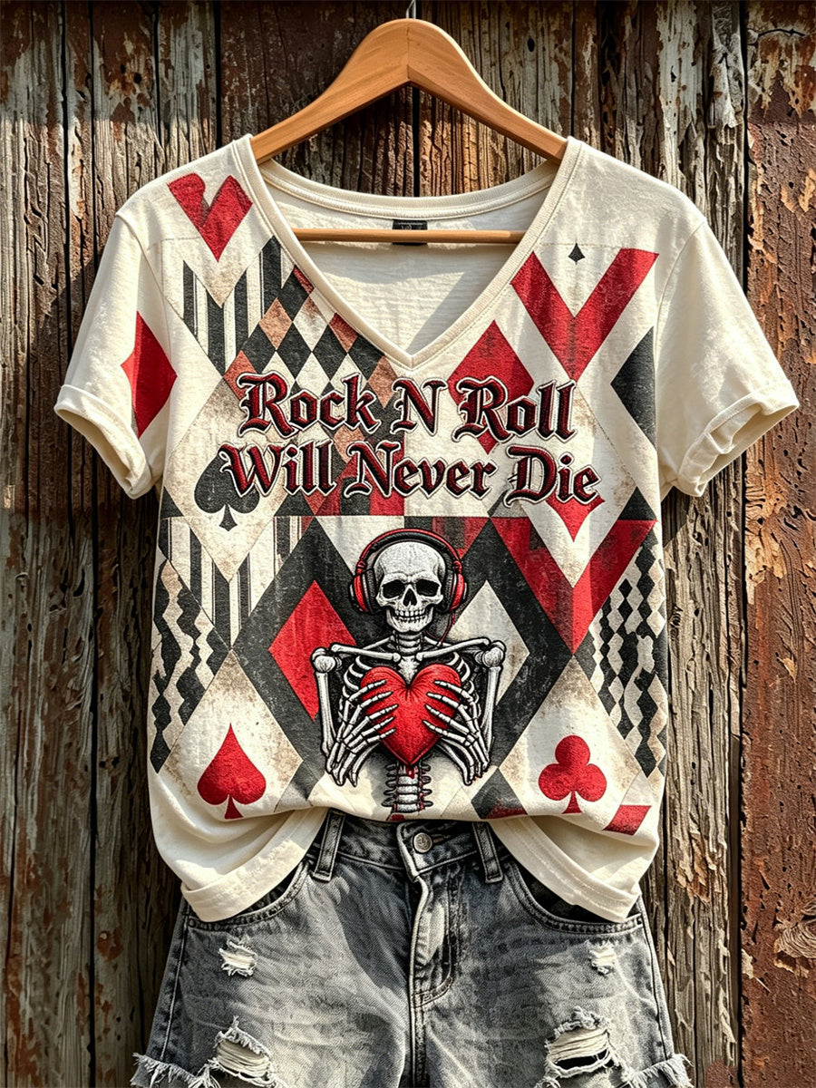 Rock N Roll Will Never Die Rock Lover Skeleton Pokers Print camiseta de manga corta para mujer