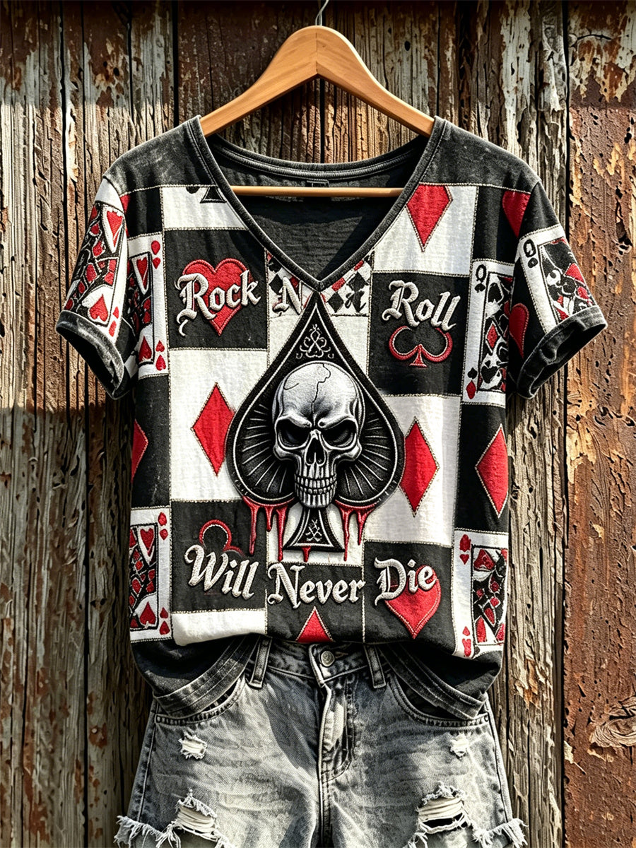Rock N Roll Will Never Die Skull Pokers Colorblock Print camiseta de manga corta para mujer