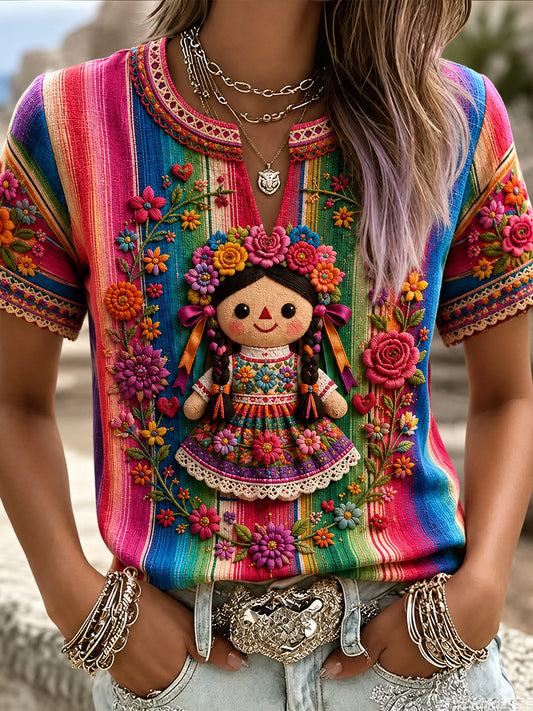 Camiseta de lino estampada con arte de muñeca Lele mexicana para mujer, Guelaguetza