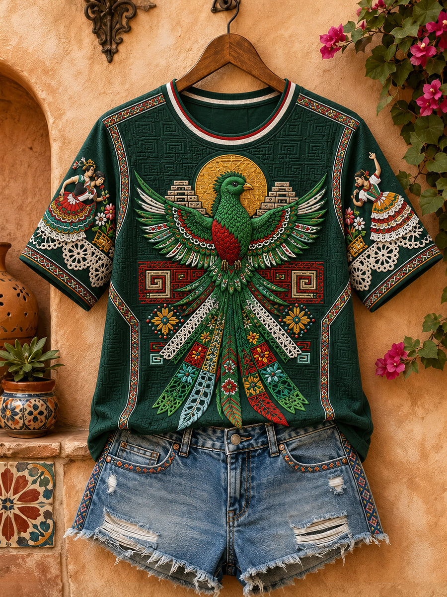 México Guelaguetza resplanchante Quetzal arte de las mujeres impreso camiseta de lino