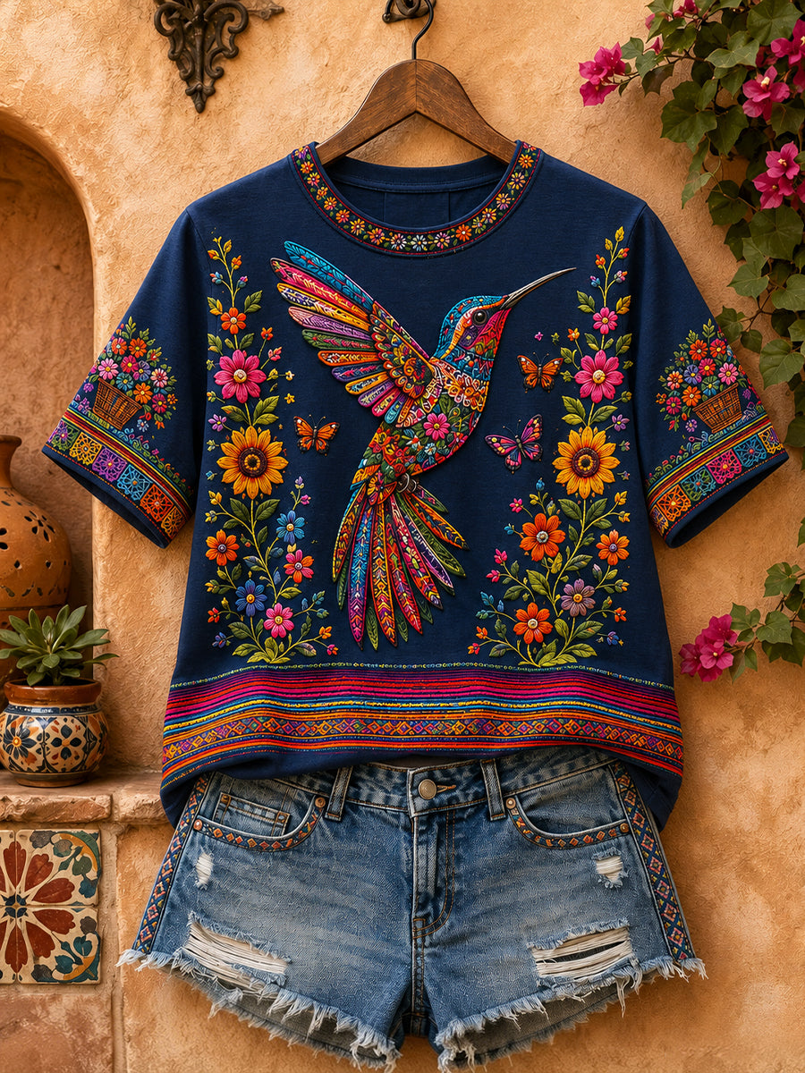 Camiseta de lino estampada con arte del colibrí mexicano para mujer, estilo Guelaguetza