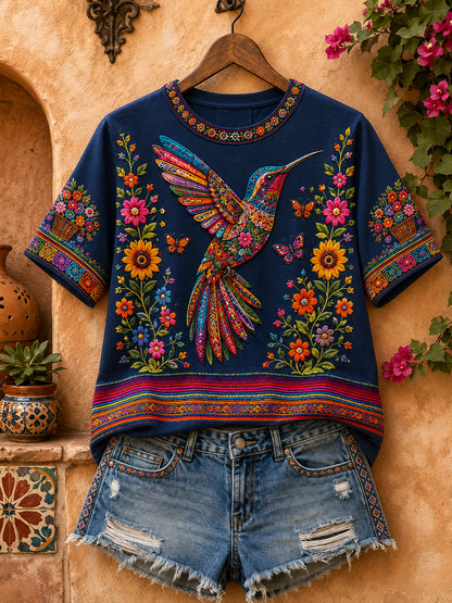 Camiseta de lino estampada con arte del colibrí mexicano para mujer, estilo Guelaguetza