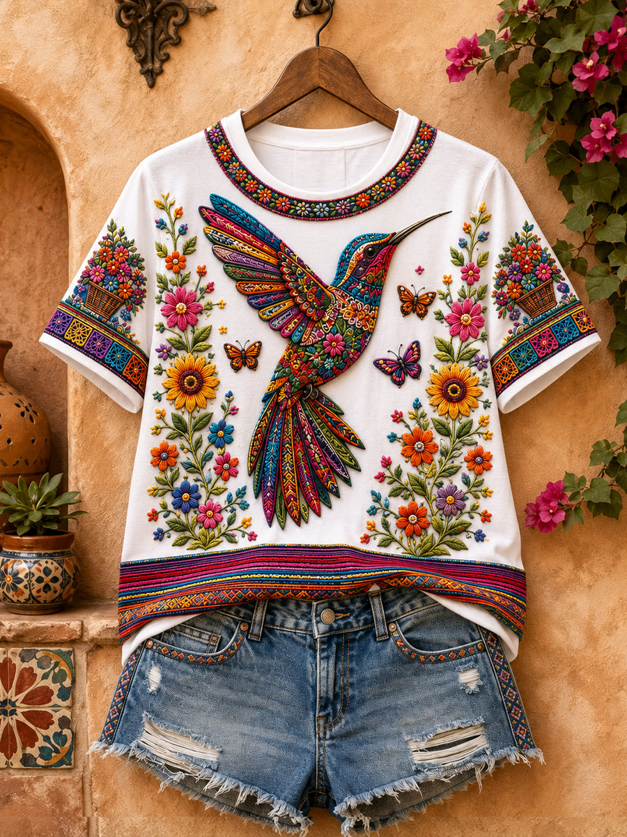 Camiseta de lino estampada con arte del colibrí mexicano para mujer, estilo Guelaguetza