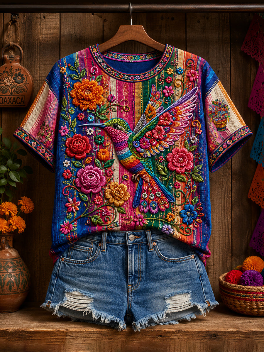 Camiseta de lino estampada con arte del colibrí mexicano para mujer, estilo Guelaguetza