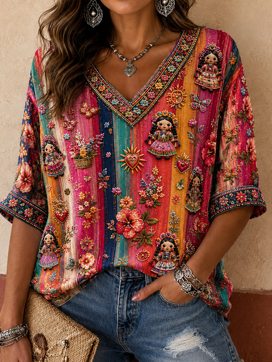 Camiseta de lino estampada con arte de muñeca Lele mexicana para mujer, Guelaguetza