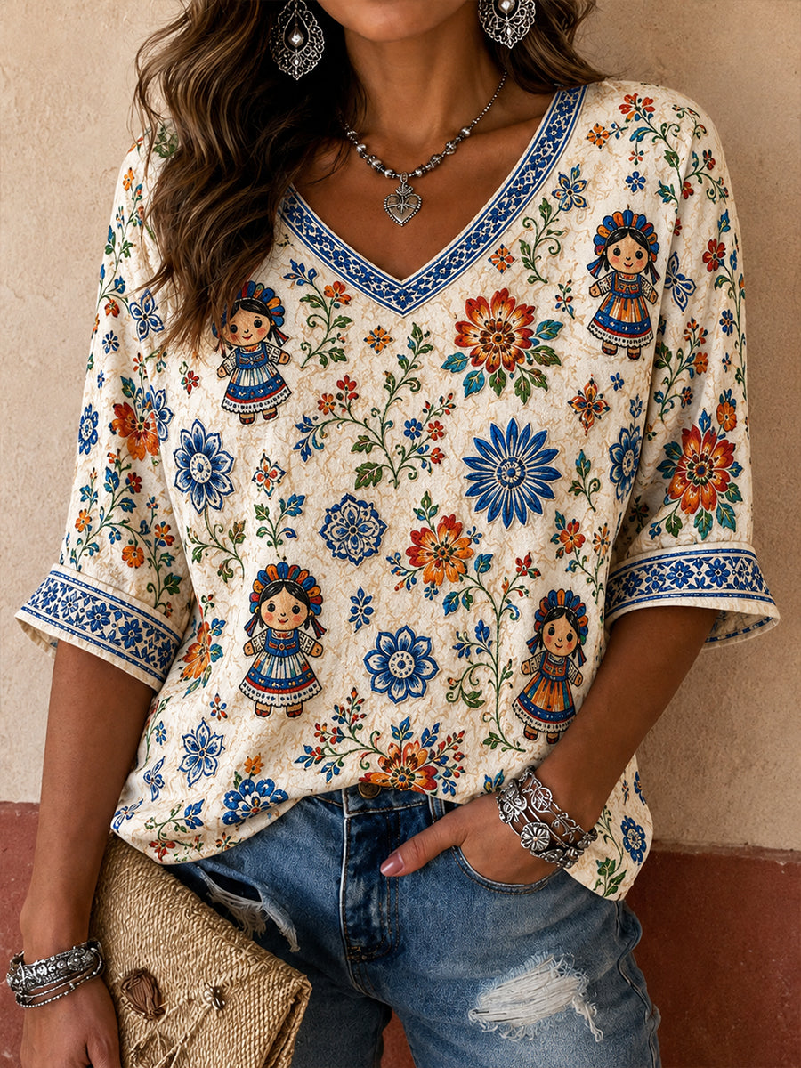 Camiseta de lino estampada con arte de muñeca Lele mexicana para mujer, Guelaguetza