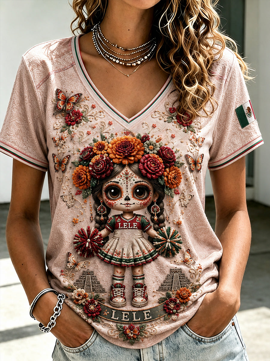 Camiseta estampada con arte de La Catrina Lele, amante del fútbol mexicano para mujer