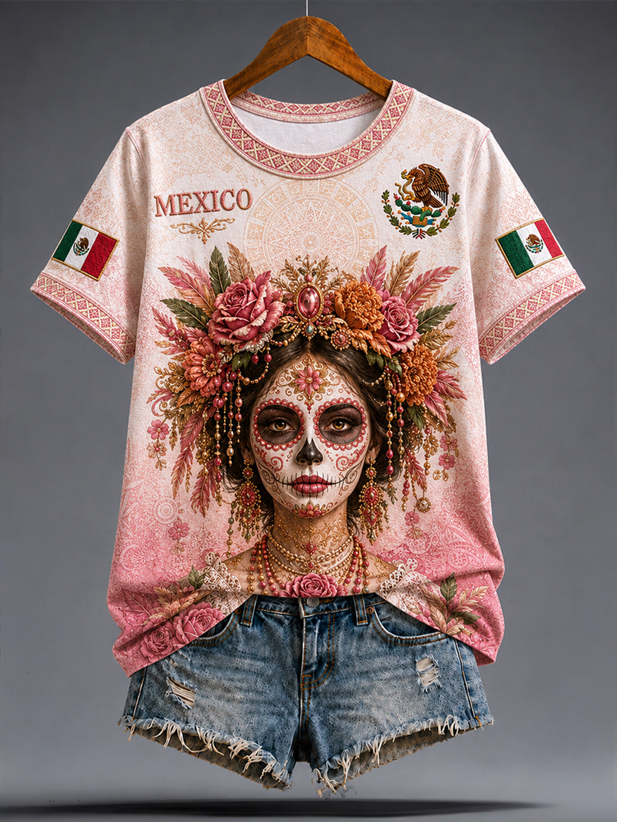 Camiseta estampada con arte de La Catrina Lele, amante del fútbol mexicano para mujer
