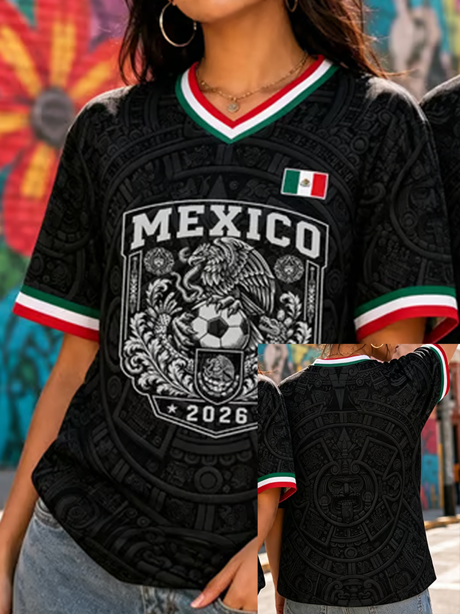 Camiseta de manga corta con estampado artístico para amantes del fútbol mexicano, diseño para mujer