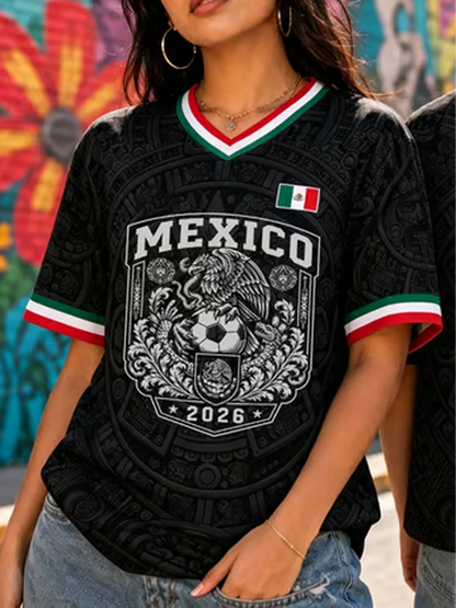 Camiseta de manga corta con estampado artístico para amantes del fútbol mexicano, diseño para mujer
