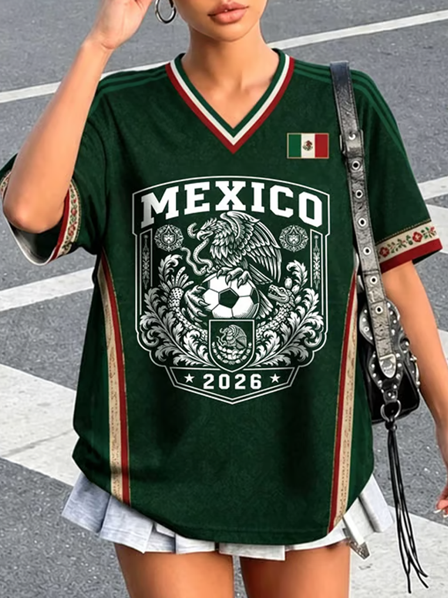 Camiseta de manga corta con estampado artístico para amantes del fútbol mexicano, diseño para mujer