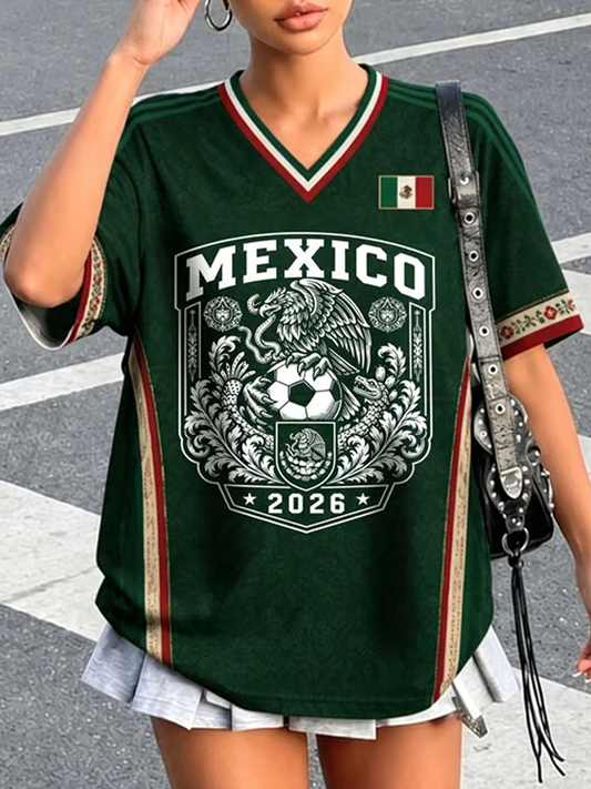 Camiseta de manga corta con estampado artístico para amantes del fútbol mexicano, diseño para mujer