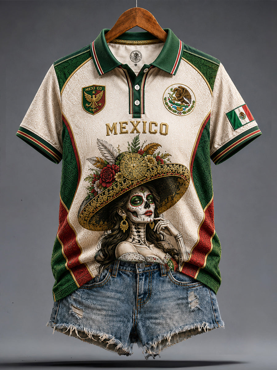 Camisetas casuales con estampado artístico de La Catrina, amantes del fútbol mexicano para mujer