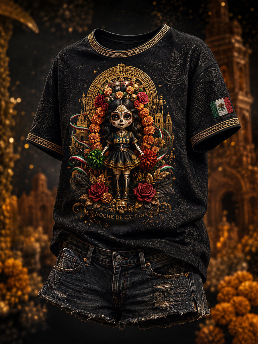 Camiseta estampada con arte de La Catrina Lele, amante del fútbol mexicano para mujer