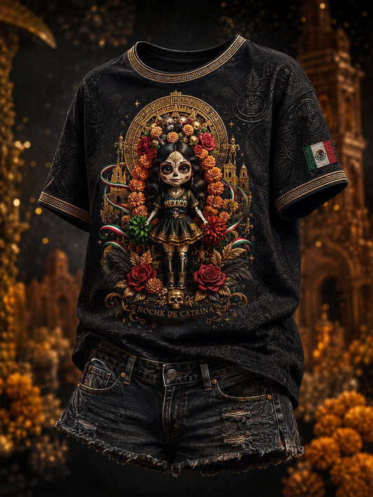 Camiseta estampada con arte de La Catrina Lele, amante del fútbol mexicano para mujer