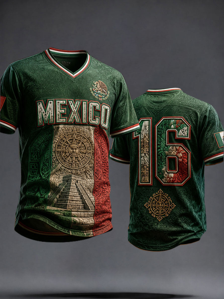 Camiseta con cuello en V impresa del arte del amante del fútbol de México de los hombres