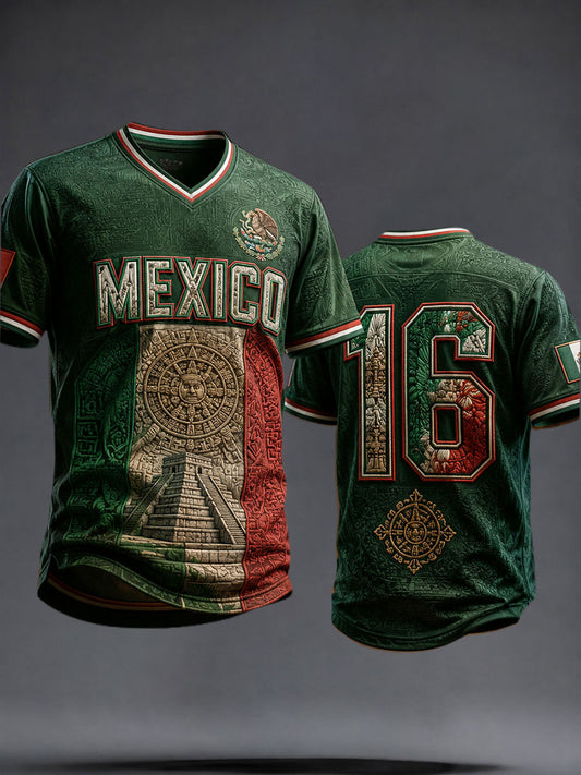 Camiseta con cuello en V impresa del arte del amante del fútbol de México de los hombres