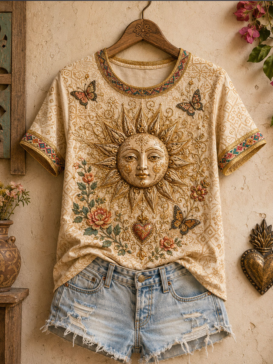 Camiseta México Guelaguetza Clay Sun Faces Art Printed para mujer