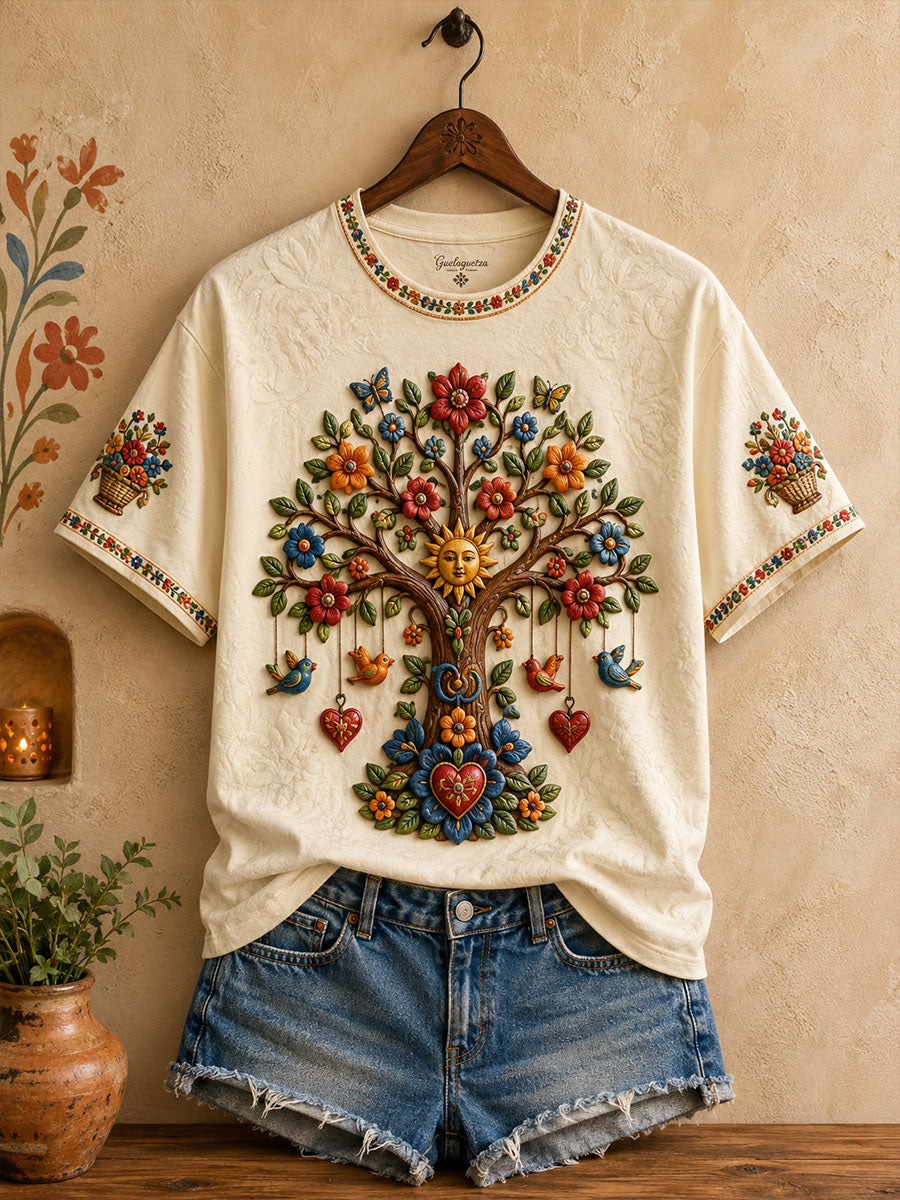 Camiseta de lino México Guelaguetza (Árbol de la vida Art Printed) para mujer