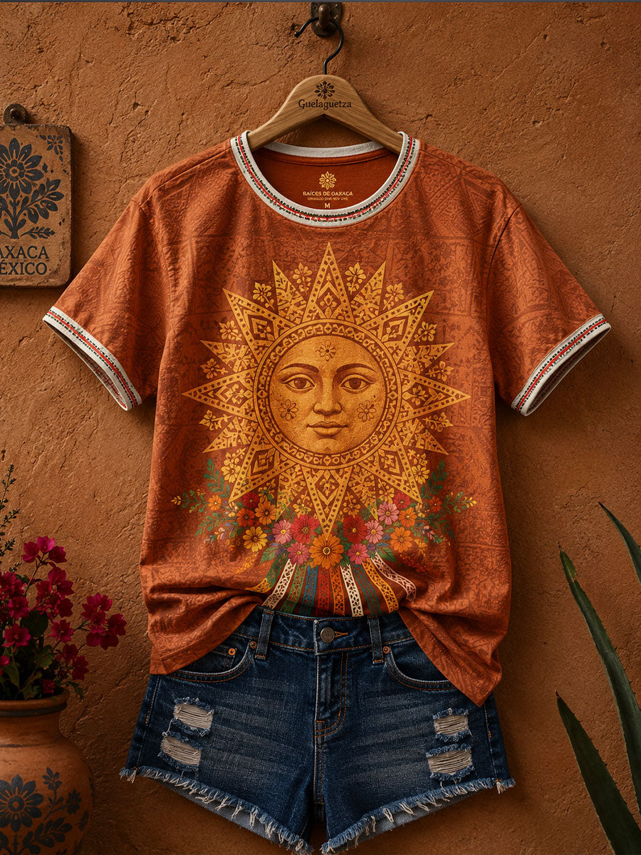 Las mujeres México Guelaguetza arcilla sol caras arte impreso camiseta de lino