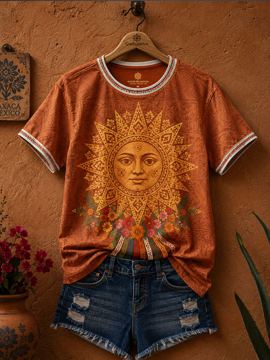 Las mujeres México Guelaguetza arcilla sol caras arte impreso camiseta de lino